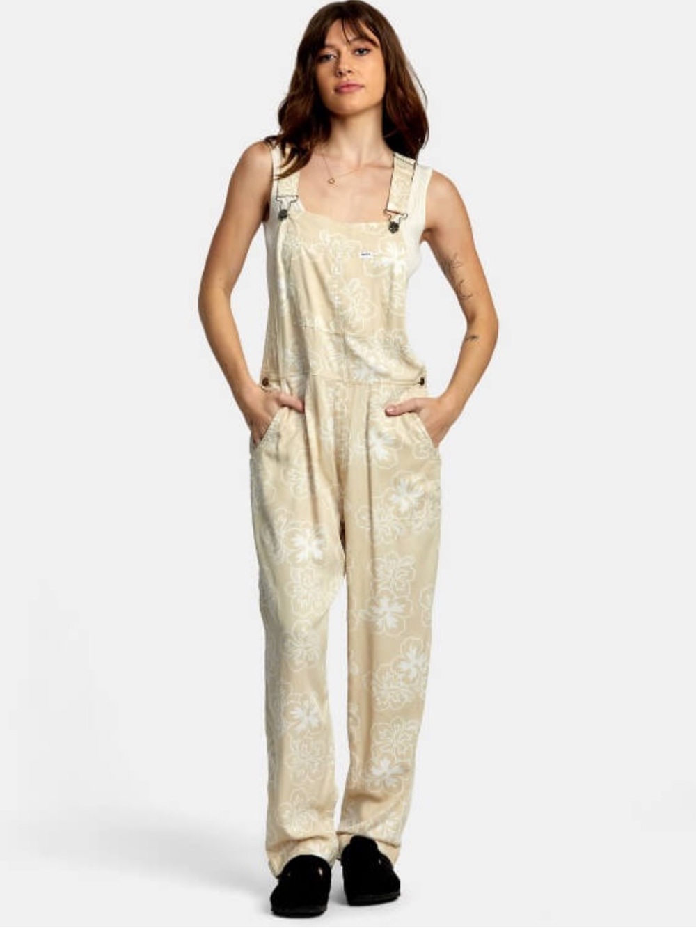RVCA | Women’s Greige/White Floral Denim 3-Side Button Relaxed Leg Overalls 26